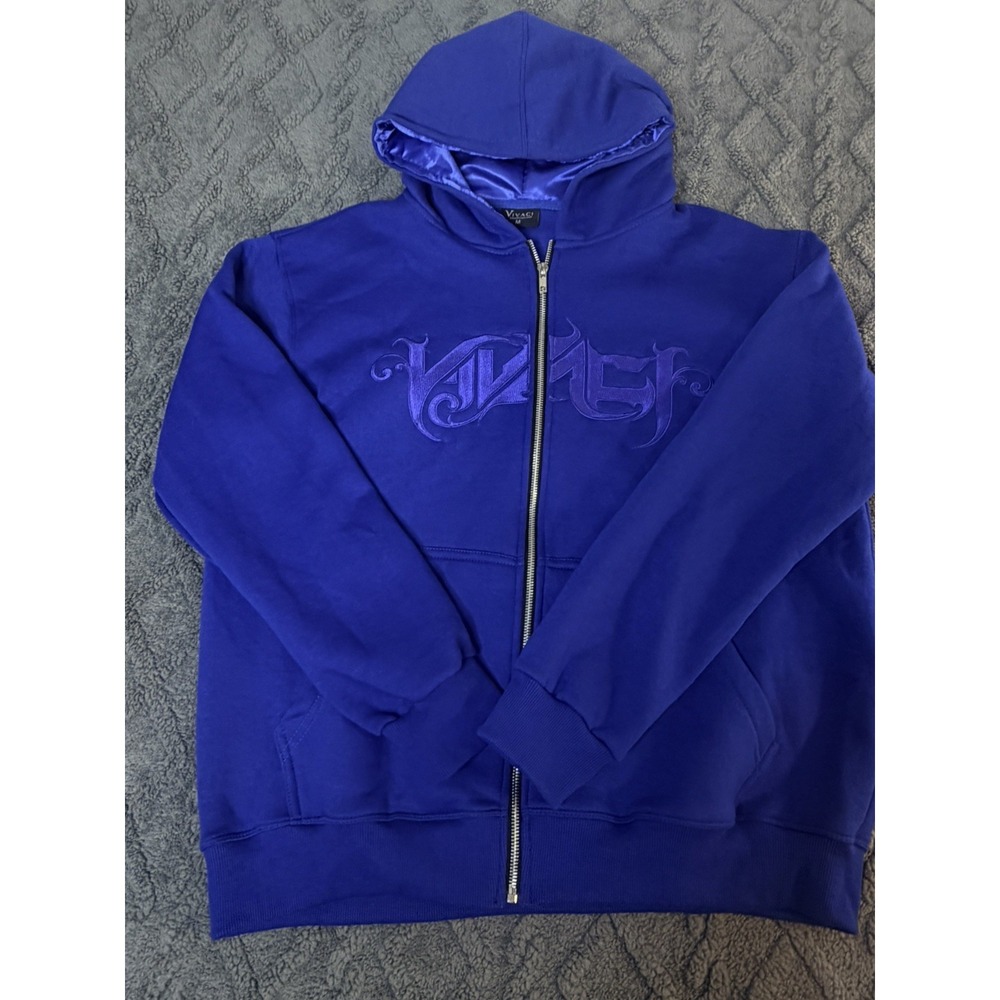 Vivaci Men's M Royal Blue Full Zip Hoodie Gothic Embroidered Y2K Streetwear